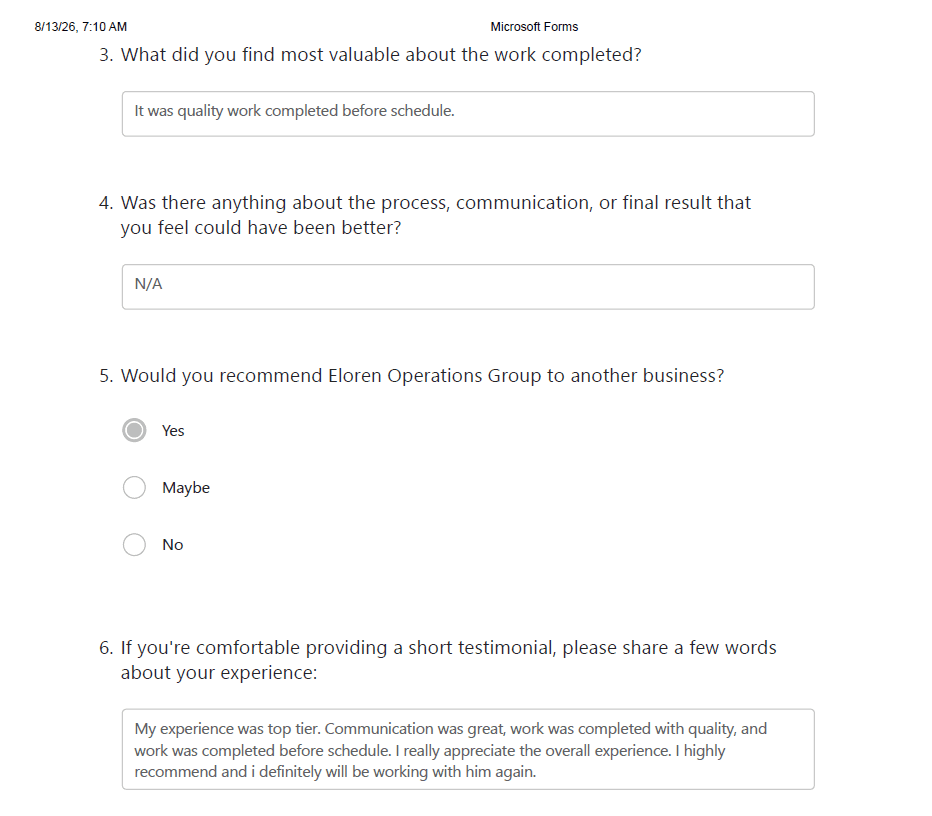 Rivers Development Group client feedback questionnaire results
